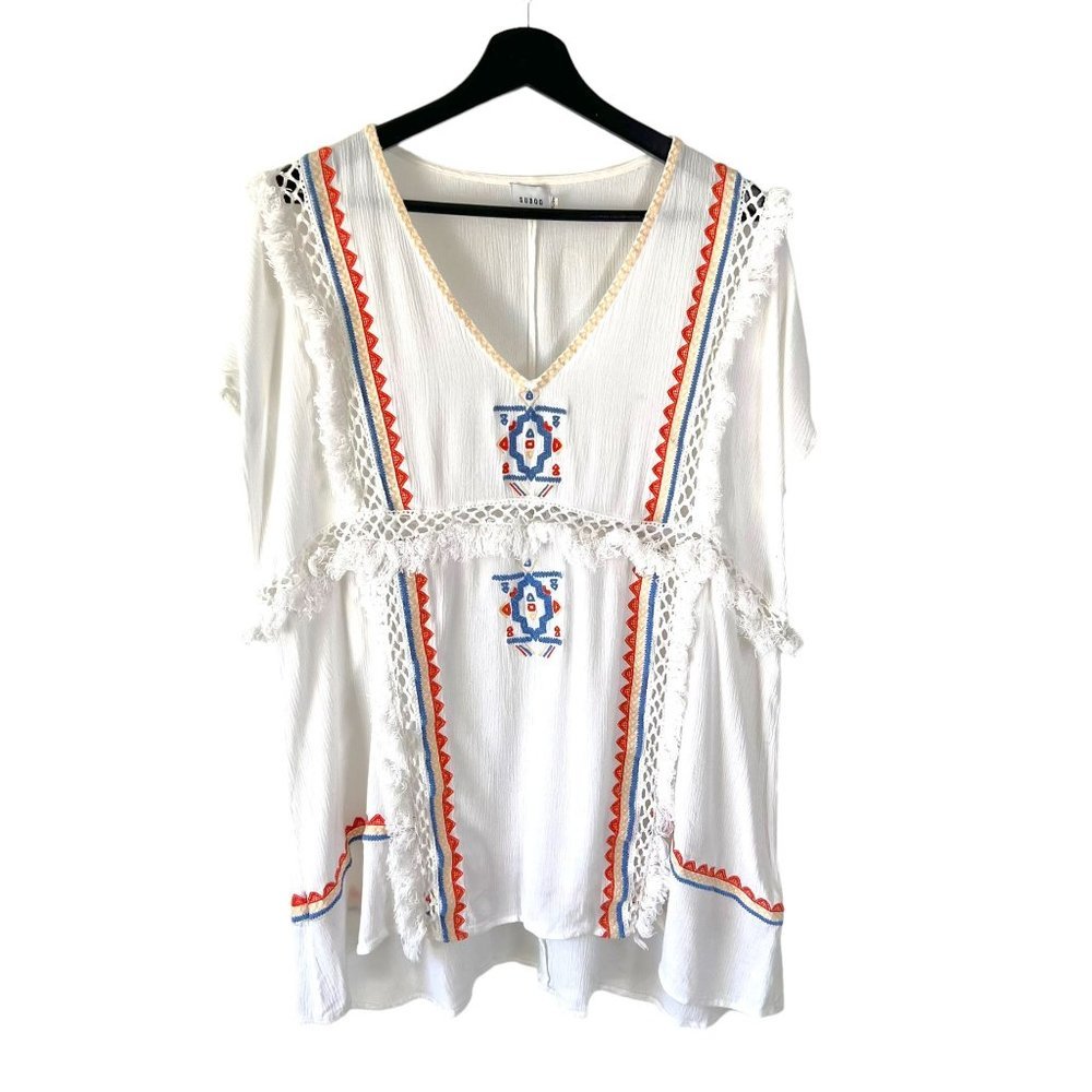 Suboo White Short Sleeve Poncho Style Embroidered Fringe Top Small Medium